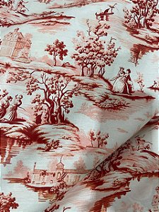 Tecido Tricoline Estampa Digital Toile de Jour em Vermelho Terracota 100% Algodão