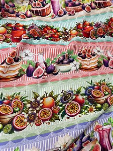 Tecido Tricoline Digital com 10 Faixas de Estampas de Figos, Maracujás e Tortas de Frutas 100% Algodão