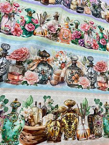 Tecido Tricoline Digital com 10 Faixas Estampadas com Perfumes, Rosas, Velas e Difusores 100% Algodão