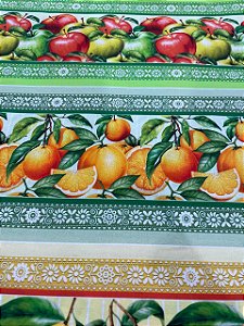 Tecido Tricoline Digital c/ 10 Faixas de Frutas: Kiwis, Figos, Mangas e Uvas 100% Algodão