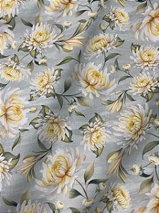 Tecido Tricoline Digital Estampa de Flores Amarelas sobre Fundo Cinza 100% Algodão