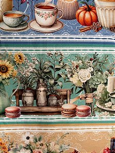 Tecido Tricoline Dig. 10 Faixas de Vinhos, Pães, Flores e Frutas  100% Algodão