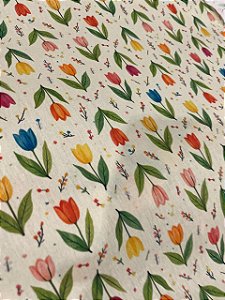 Tecido Tricoline Estampa de Tulipas Coloridas sobre Fundo Off-white 100% Algodão