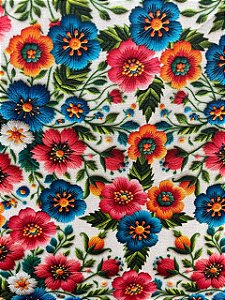 Tecido Tricoline Estampa 3D de Flores Coloridas no Estilo Bordado Húngaro 100% Alg.