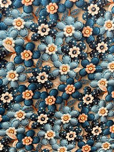 Tecido Tricoline Estampa 3D de Flores em Tons de Azul Jeans 100% Algodão