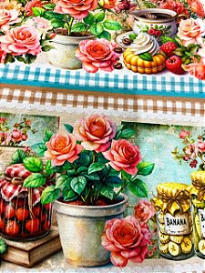 Tecido Tricoline Estampa Digital 10 Faixas de Vasos de Rosas, Livros e Quitutes 100% Algodão