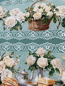 Tecido Tricoline Estampa Digital com 10 Faixas de Rosas Brancas e Rosas Chá 100% Algodão