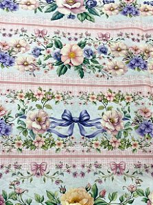Tecido Tricoline Digital com 10 Faixas Estampadas com Laços e Flores com Xadrez Cor de Rosa 100% Algodão