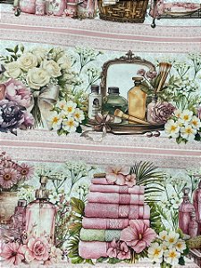 Tecido Tricoline Digital com 10 Faixas Estampadas com Flores, Porcelanas e Toalhas 100% Algodão