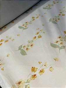 Tecido Percal Estampado Floral em Tons de Amarelo e Verde sobre Branco 100% Alg.