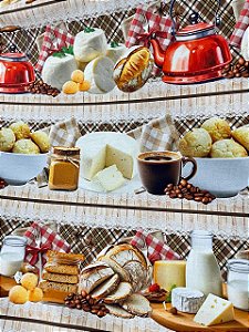 Tecido Tricoline Digital com 10 Faixas de Estampas de Pão de Queijo, Café e Quitutes 100% Algodão