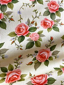 Tecido Tricoline Digital Estampa de Rosas sobre Fundo Bege Claro 100% Algodão