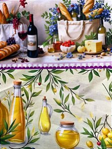 Tecido Tricoline Digital com 10 Faixas de Estampas de Uvas, Vinhos, Vinícola, Azeite e Pães 100% Algodão