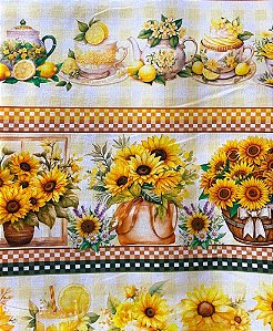 Tecido Tricoline Digital com 10 Faixas de Girassóis, Porcelanas e Frutas 100% Algodão
