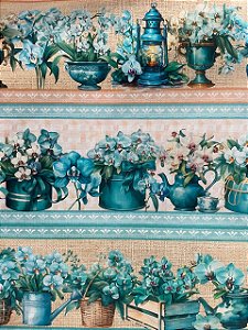Tecido Tricoline Digital com 10 Faixas de Flores Azuis em Vasos Azuis 100% Algodão
