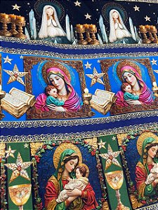 Tecido Tricoline Estampa Digital com 10 Faixas de Nossa Senhora e Menino Jesus 100% Algodão