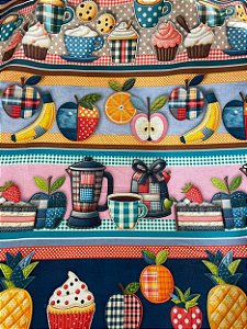 Tecido Tricoline Estampa 3D de Lanche com Liquidificador, Cupcakes e Frutas 100% Algodão