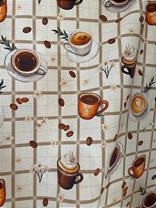Tecido Tricoline Estampa de Xícaras de Café e Cupcakes 100% Algodão