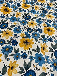Tecido Tricoline Estampa de Flores Azuis e Amarelas 100% Algodão