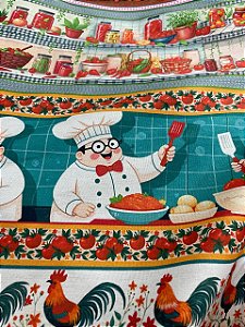 Tecido Tricoline com 10 Faixas de Estampa de Chef de Cozinha, Tomates, Pizza 100% Algodão