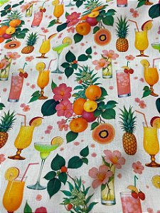 Tecido Tricoline Estampa de Drinks e Frutas 100% Algodão