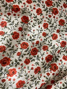 Tricoline Estampa de Rosas Vermelho Carmin sobre Fundo Rosado Claro 100% Algodão