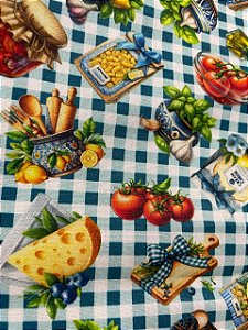 Tecido Tricoline Estampa de Spaghetti, Tomates e Manjericão sobre Fundo Xadrez de Azul 100% Algodão