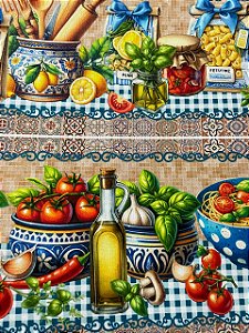 Tecido Tricoline Digital com 10 Faixas de Cozinha Italiana 100% Algodão