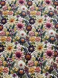Tecido Tricoline Estampa 3D  de Flores Bordadas 100% Algodão