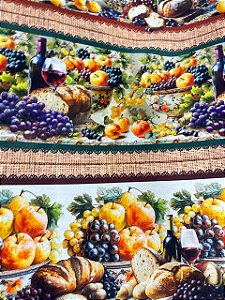 Tecido Tricoline Digital 10 Faixas de Vinhos, Frutas, Pães e Flores 100% Algodão