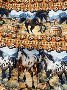 Tecido Tricoline Digital 10 Faixas de Cavalos na Fazenda 100% Algodão