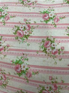 Tecido Tricoline Digital Estampa de Buquês de Rosa Sobre Listras Cor-de-rosa 100% Algodão