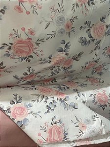 Tecido Percal 200 Fios Estampa de Rosas sobre Branco 100% Algodão 2,50 m de Largura