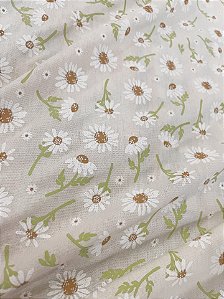 Tecido Tricoline Estampa de Margaridas Brancas sobre Fundo Pérola 100% Algodão
