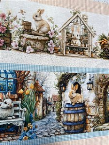 Tecido Tricoline de Faixas Estampa da Cidade dos Coelhinhos da Páscoa 100% Alg.