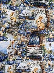 Tecido Tricoline Estampa de Coelhinhos da Páscoa no Jardim de Flores Azuis 100% Alg.