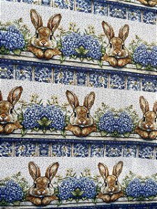 Tecido Tricoline Estampa Coelhinhos da Páscoa com Hortênsias e Azulejos 100% Alg.
