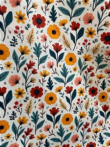 Tecido Tricoline Estampa de Flores do Campo Vermelhas e Alaranjadas 100% Algodão