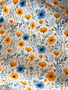 Tecido Tricoline Estampa de Flores Amarelas Alaranjadas e Azuis sobre Fundo Branco 100% Algodão