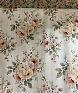 Tecido Tricoline Digital com Buquês de Rosa Chá sobre Fundo Fundo Off-White com Listras Claras 100%Algodão