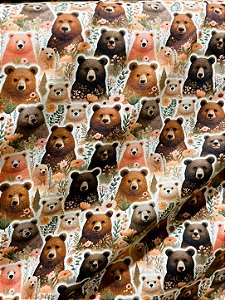 Tecido Tricoline Estampa Digital de Ursos Marrons e Flores 100% Algodão