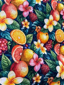 Tecido Tricoline Estampa Digital de Uvas, Laranjas e Jasmins 100% Algodão