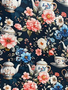 Tecido Tricoline Estampa Digital de Porcelana e Flores sobre Fundo Azul Marinho 100% Algodão