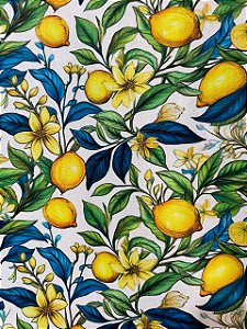 Tecido Tricoline Digital Estampa de Limão Siciliano com Folhas e Flores sobre Fundo Branco 100% Algodão