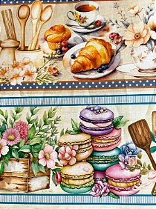 Tecido Tricoline Digital com 10 Faixas de Café, Croissants, Bolos e Flores 100% Algodão
