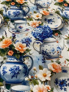 Tecido Tricoline Estampa Digital de Porcelana Azul com Hortênsia e Flor do Campo 100% Algodão