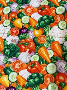 Tecido Tricoline Digital Estampa de Legumes Coloridos 100% Algodão