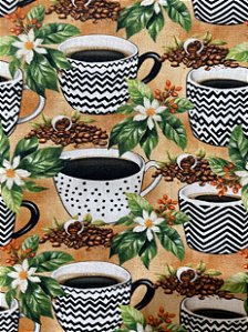 Tecido Tricoline Digital Estampa de Xícaras de Café sobre Fundo Bege 100% Algodão