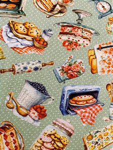 Tecido Tricoline Digital Estampa de Diversos Quitutes e Utensílios de Cozinha 100% Algodão