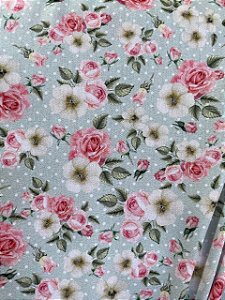 Tecido Tricoline Estampa de Florzinhas Brancas e Cor-de-Rosa sobre Verde Claro com Poás 100% Algodão